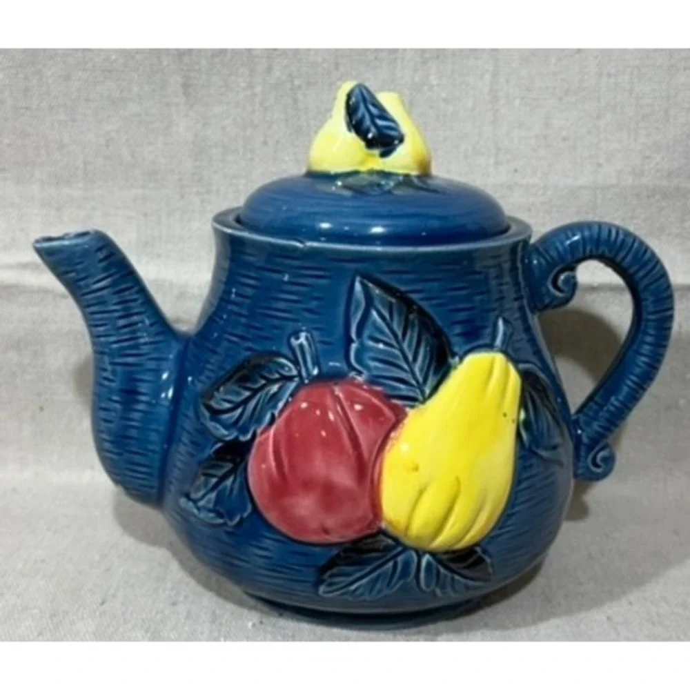 Vintage Cobalt Blue Ceramic Teapot Fruit Relief Apple Pear Made in Japan 7x8